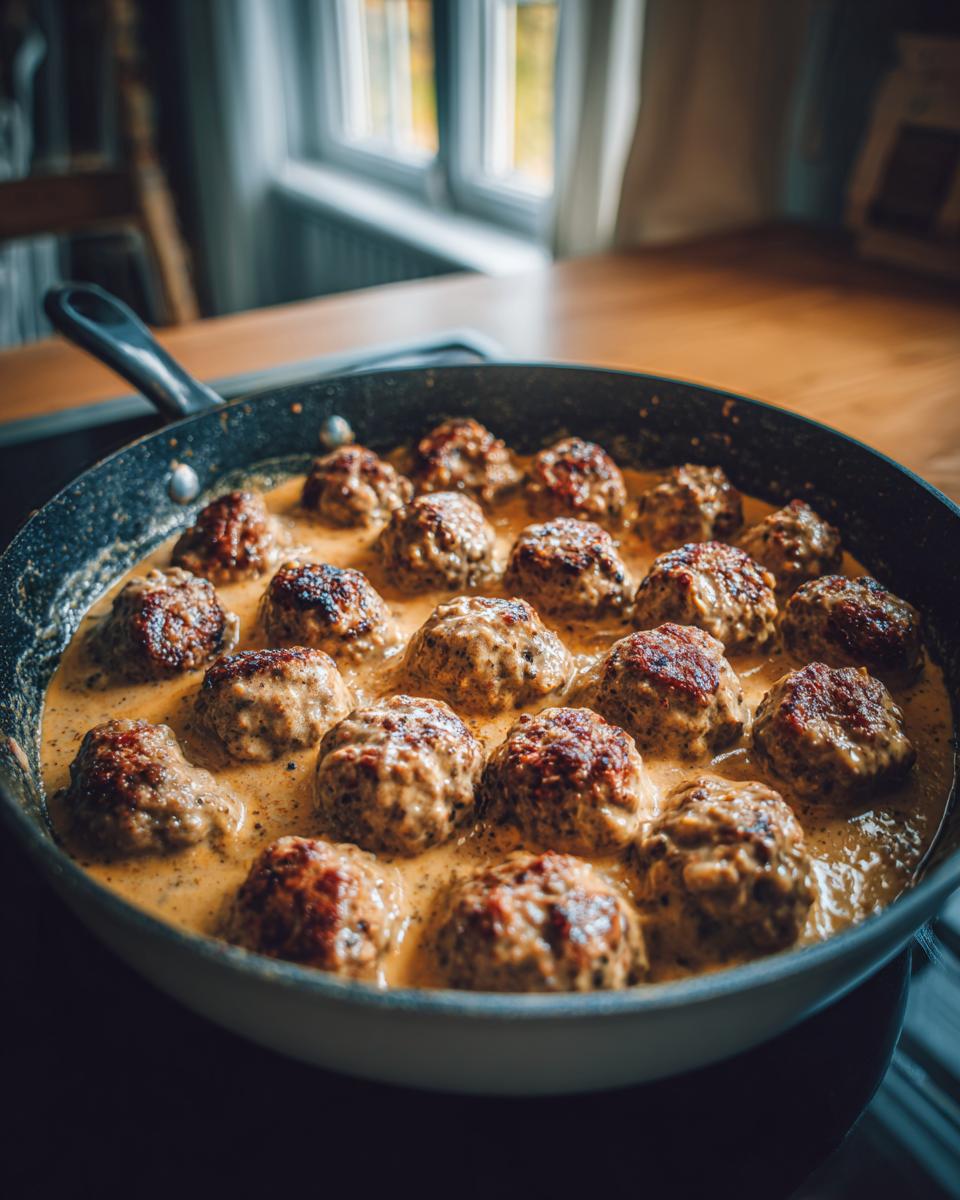 A close-up, overhead view of savory Swedish meatballs simmering in a rich, creamy sauce in a black skillet.