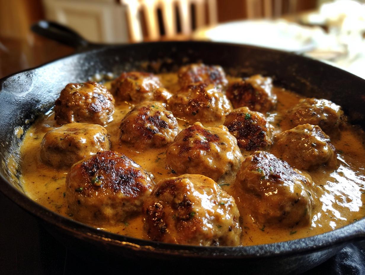 A close-up of tender Swedish meatballs simmering in a rich, creamy sauce in a cast-iron skillet.
