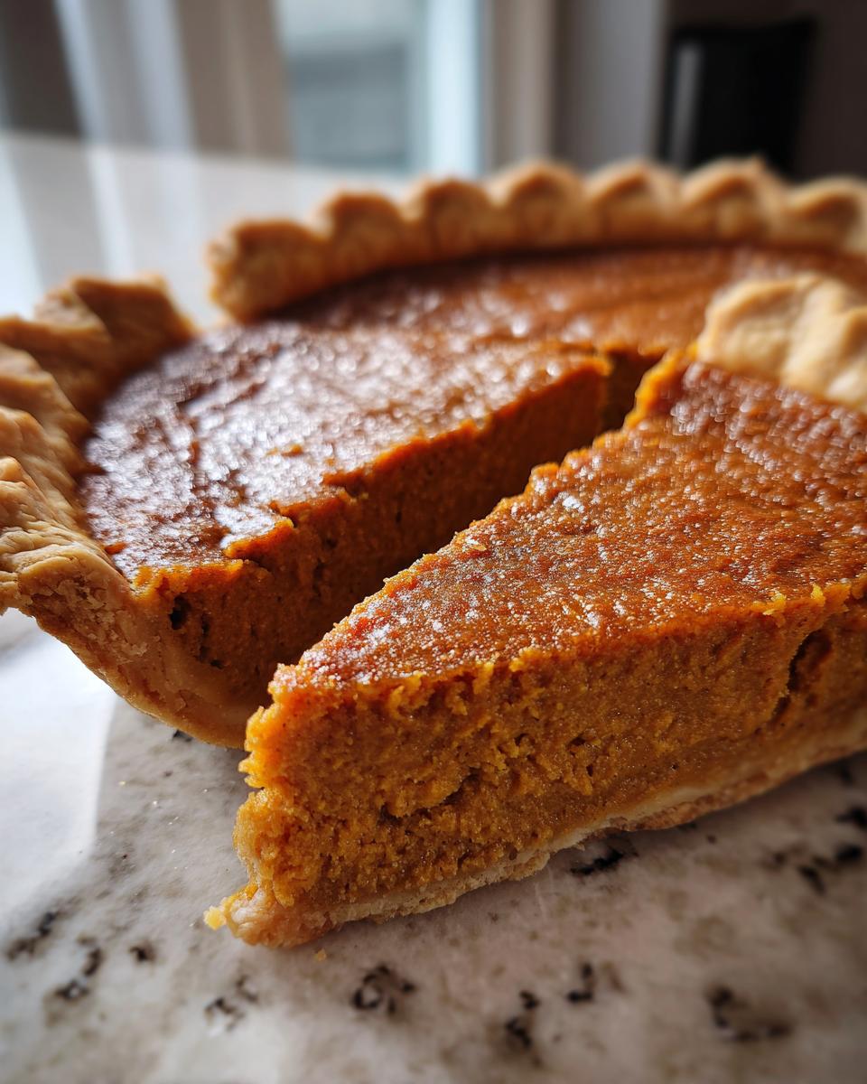 A close-up of a slice of velvety sweet potato pie with a flaky crust.