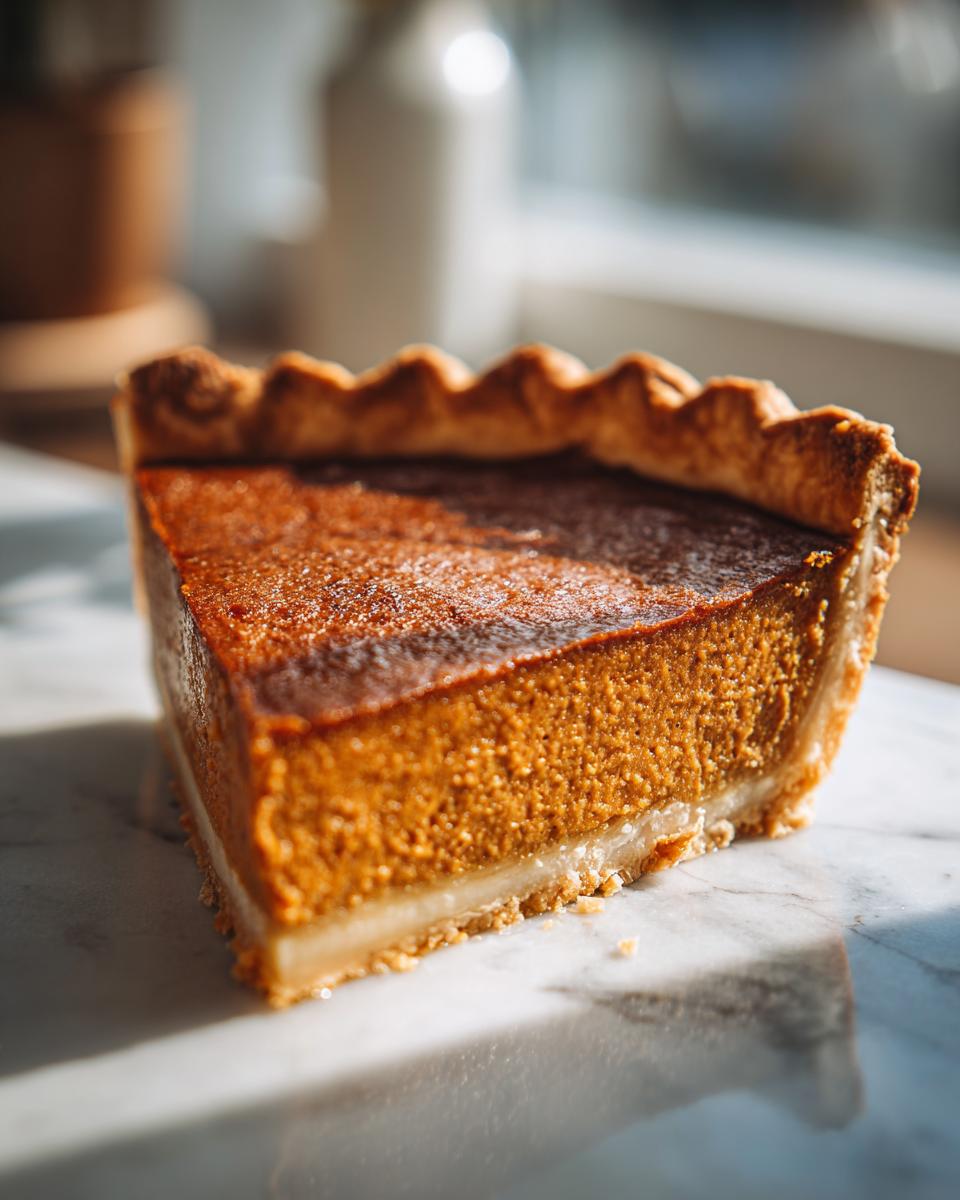 A close-up, angled view of a slice of sweet potato pie on a marble surface, highlighting its rich orange filling and flaky crust.