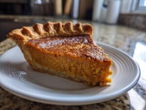 A close-up of a slice of velvety sweet potato pie on a white plate, showcasing its rich orange filling and golden crust.