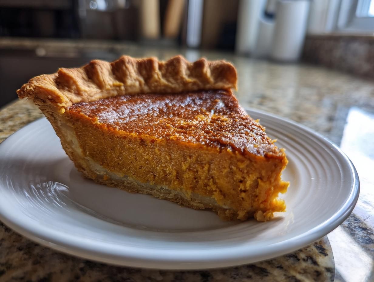 A close-up of a slice of velvety sweet potato pie on a white plate, showcasing its rich orange filling and golden crust.
