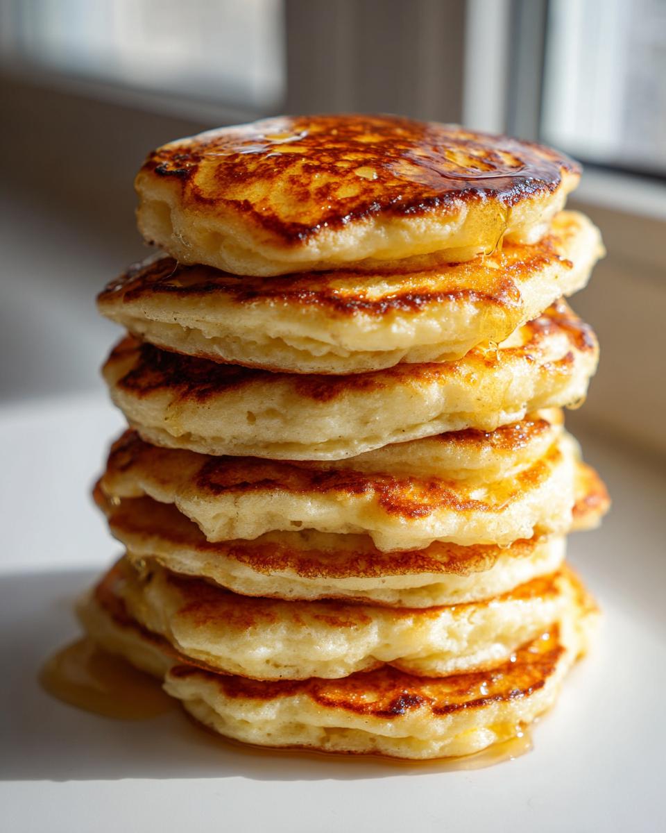 A tall stack of six golden-brown buttermilk pancakes drizzled with syrup, sitting on a white plate.