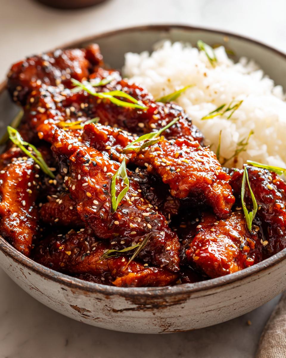A bowl of glossy Teriyaki chicken pieces served with fluffy white rice and garnished with sesame seeds and green onions.