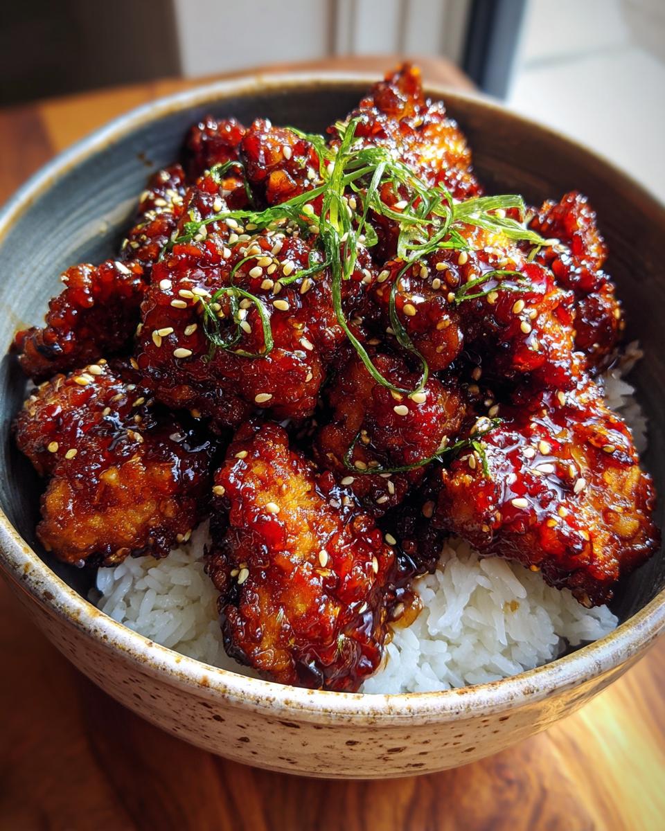 A bowl of fluffy white rice topped with glistening, crispy Teriyaki chicken pieces, garnished with sesame seeds and green onions.