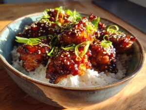 Close-up of glistening Teriyaki chicken pieces served over white rice, garnished with sesame seeds and green onions.