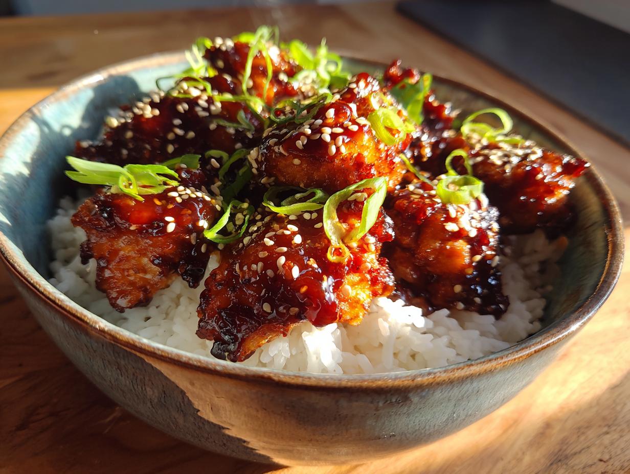 Close-up of glistening Teriyaki chicken pieces served over white rice, garnished with sesame seeds and green onions.