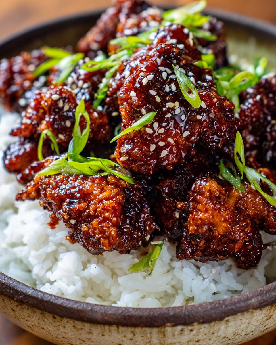 Close-up of glistening Teriyaki chicken pieces served over fluffy white rice, garnished with sesame seeds and green onions.