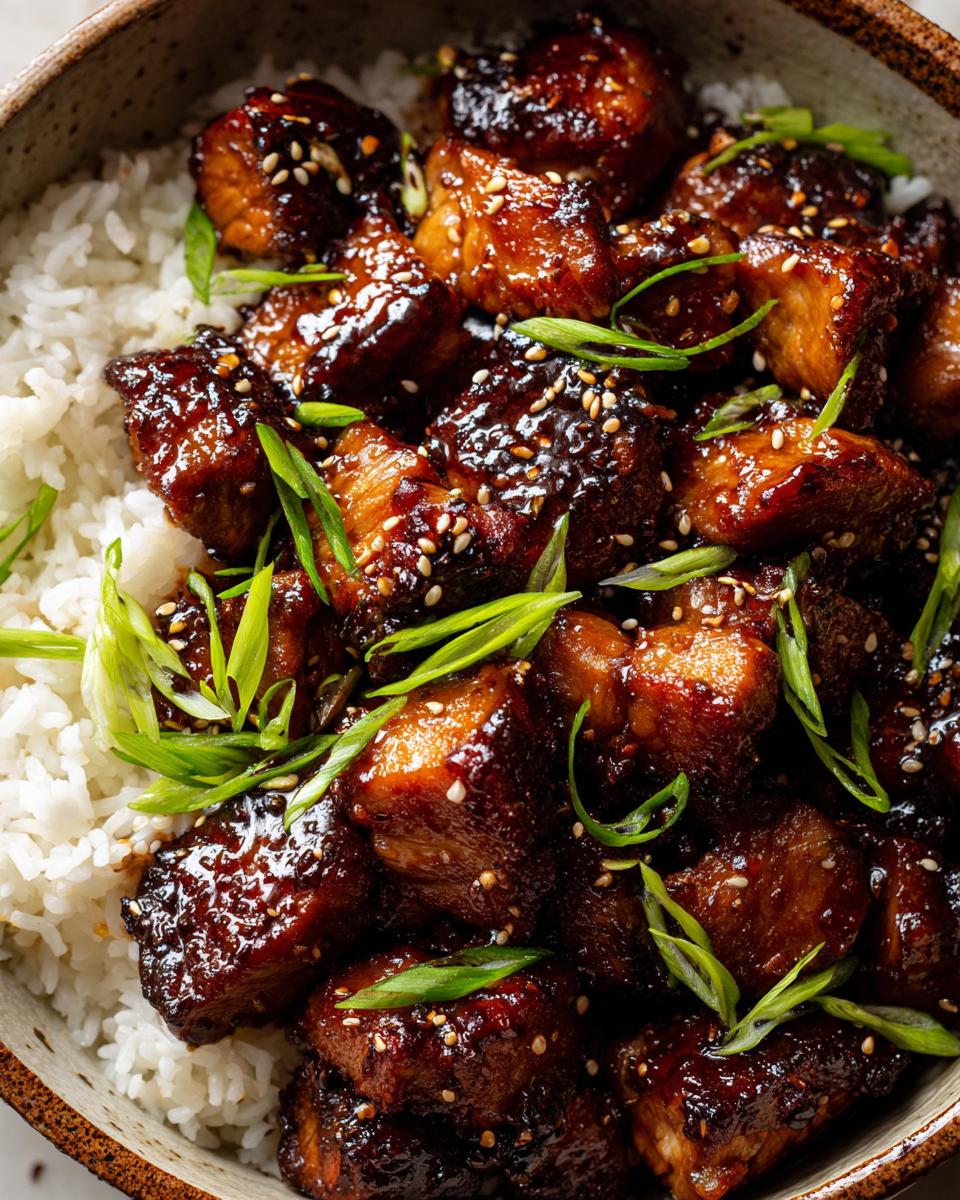 Close-up overhead shot of glossy teriyaki chicken pieces served over white rice, garnished with sesame seeds and green onions.
