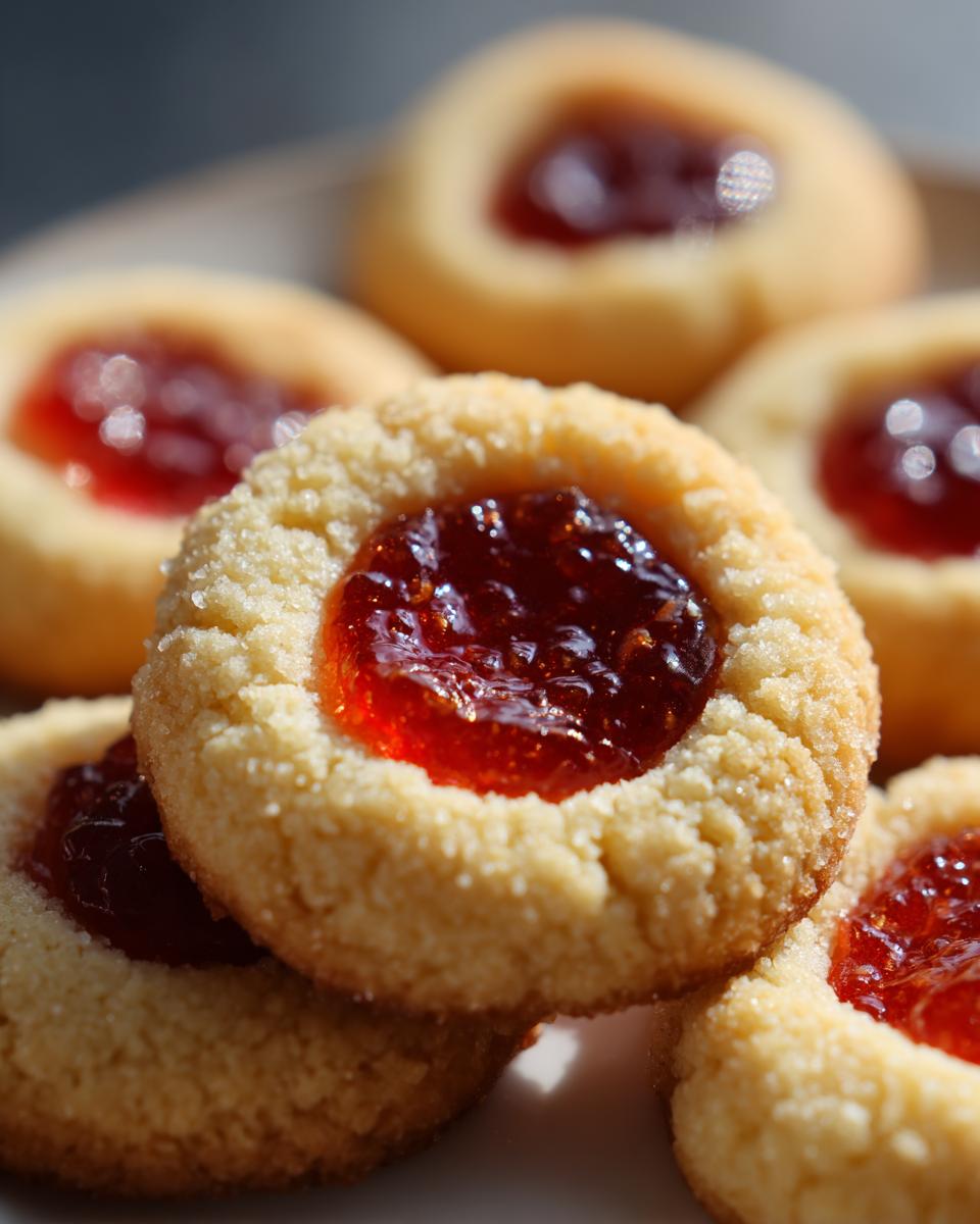A close-up, mouthwatering shot of several thumbprint cookies filled with glistening red jam.