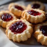 Close-up of golden thumbprint cookies filled with glistening red jam on a white plate.