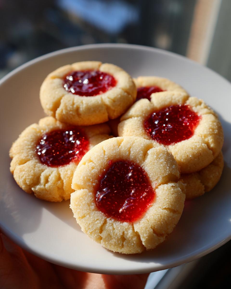 A close-up of several thumbprint cookies filled with bright red jam on a white plate.