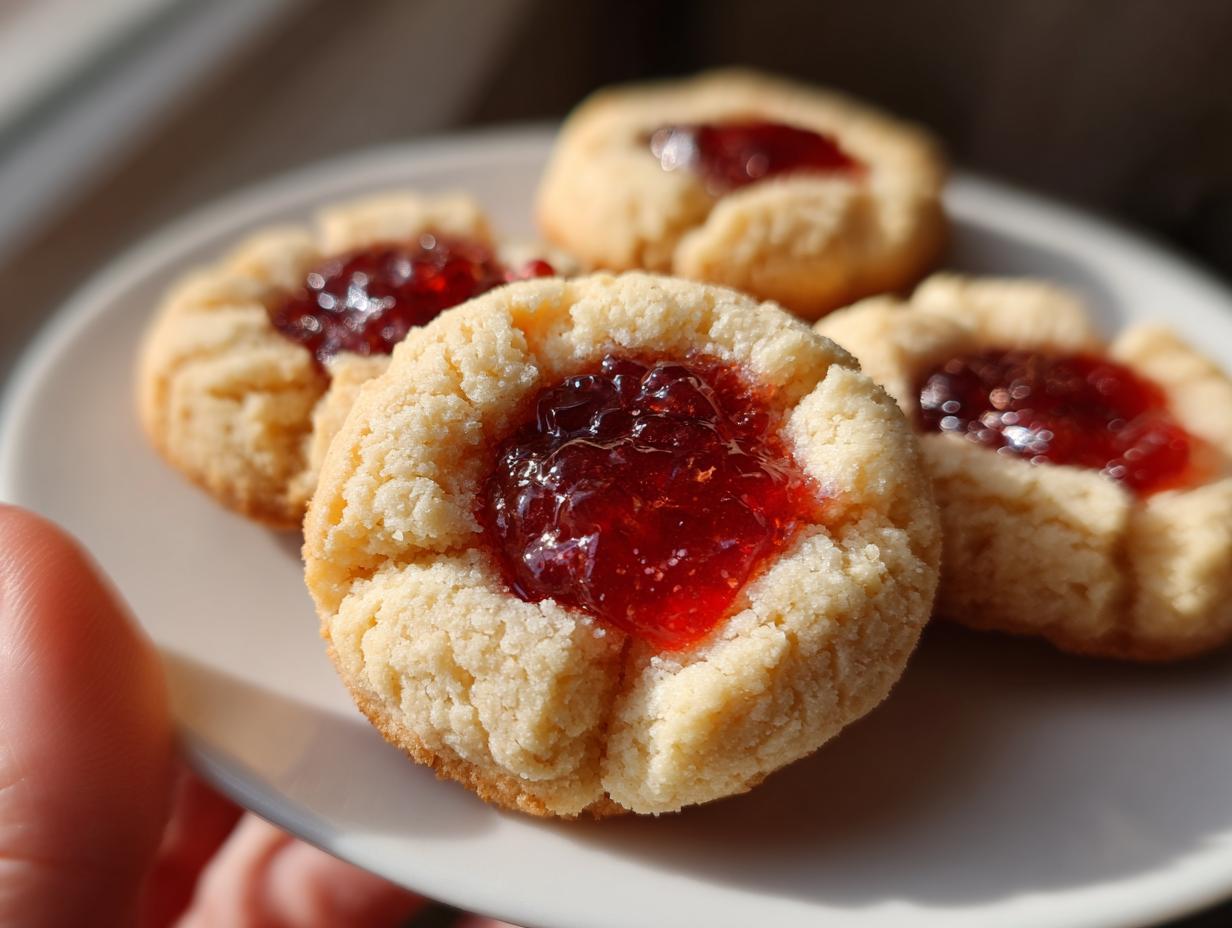 Close-up of four classic thumbprint cookies filled with glistening red jam on a white plate.