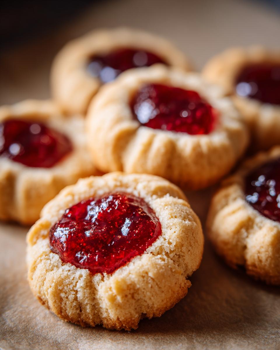 Close-up of several golden-brown thumbprint cookies filled with glistening raspberry jam.