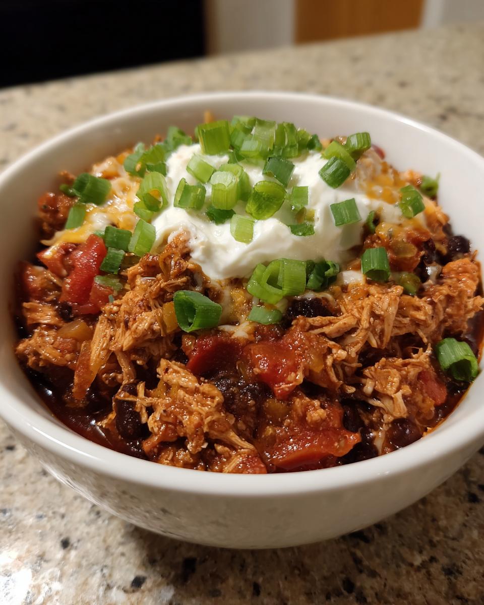 Close-up of a white bowl filled with shredded Turkey chili, topped with melted cheese, a dollop of sour cream, and fresh green onions.