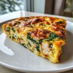 A close-up slice of turkey frittata showing chunks of turkey, spinach, and a browned, cheesy top.