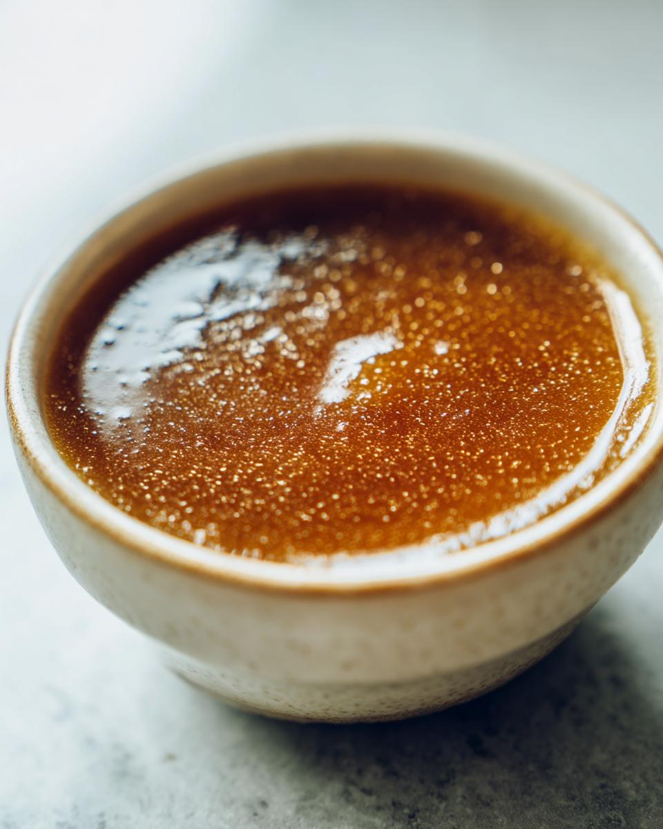 Close-up of a bowl filled with silky smooth, rich brown turkey gravy, reflecting light.
