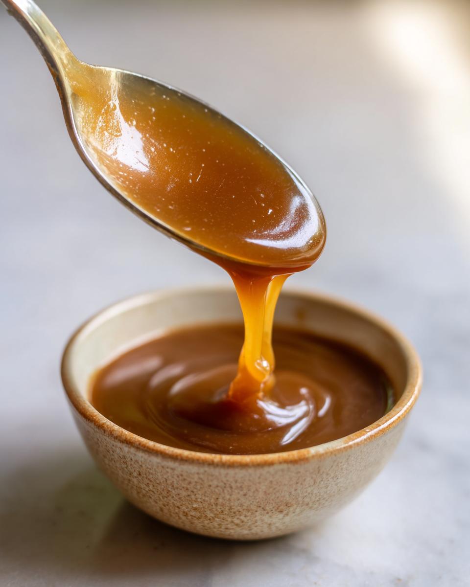 A spoonful of silky smooth turkey gravy being poured into a small bowl, creating ripples.