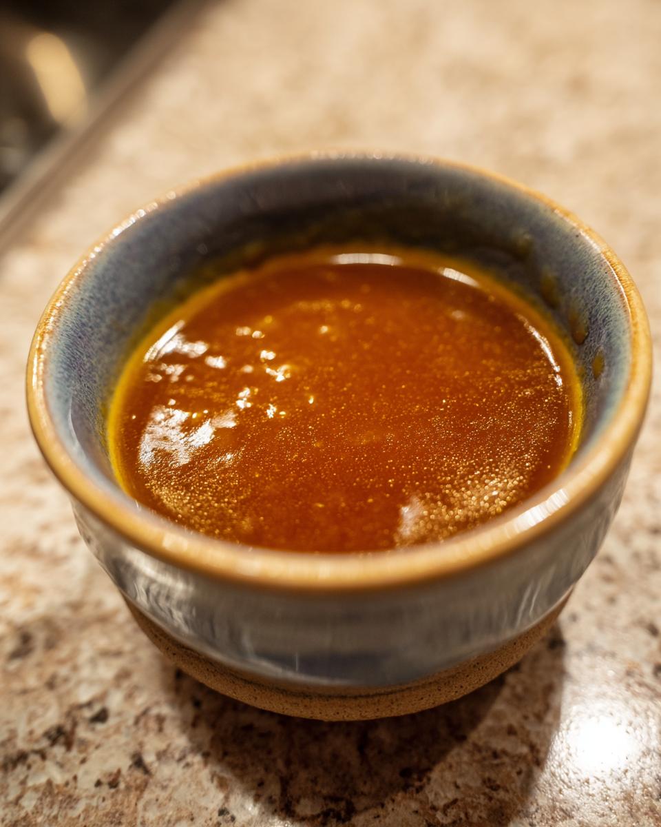 Close-up of rich, golden-brown turkey gravy in a rustic blue and tan ceramic bowl.