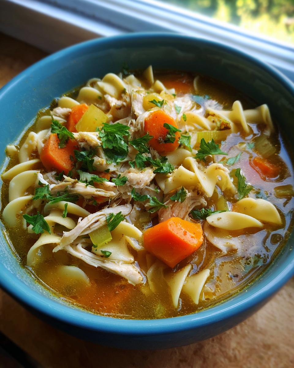 A close-up of a blue bowl filled with rich Turkey Noodle Soup featuring shredded turkey, egg noodles, carrots, and fresh parsley.