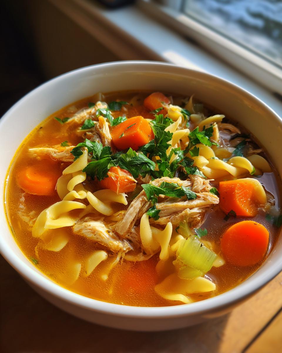 Close-up of a white bowl filled with rich Turkey Noodle Soup, featuring egg noodles, shredded turkey, carrots, and parsley.