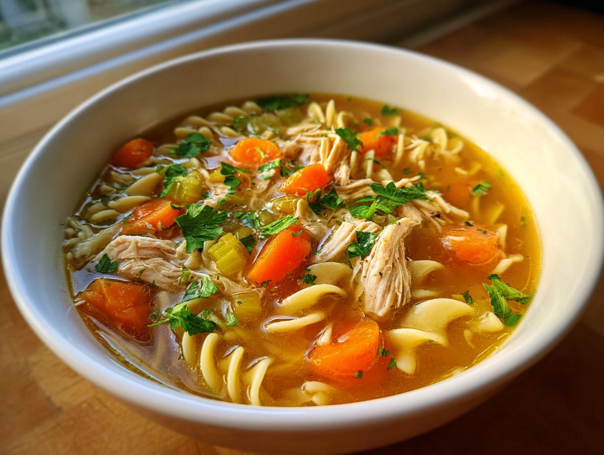 Close-up of a white bowl filled with rich Turkey Noodle Soup, featuring shredded turkey, bright carrots, and fresh parsley garnish.