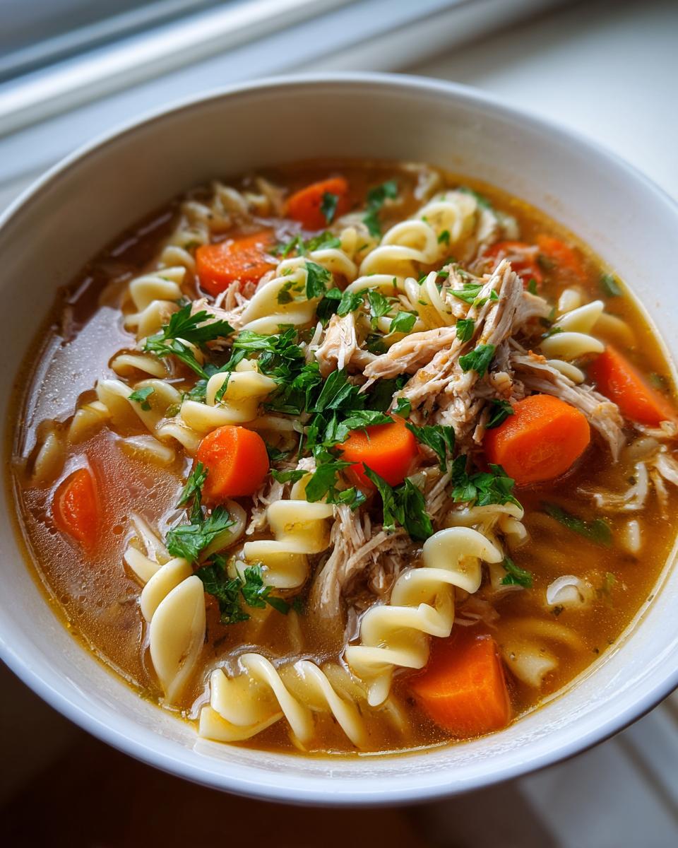 Close-up of a bowl of rich Turkey Noodle Soup featuring shredded turkey, bright orange carrots, and rotini pasta, topped with fresh parsley.