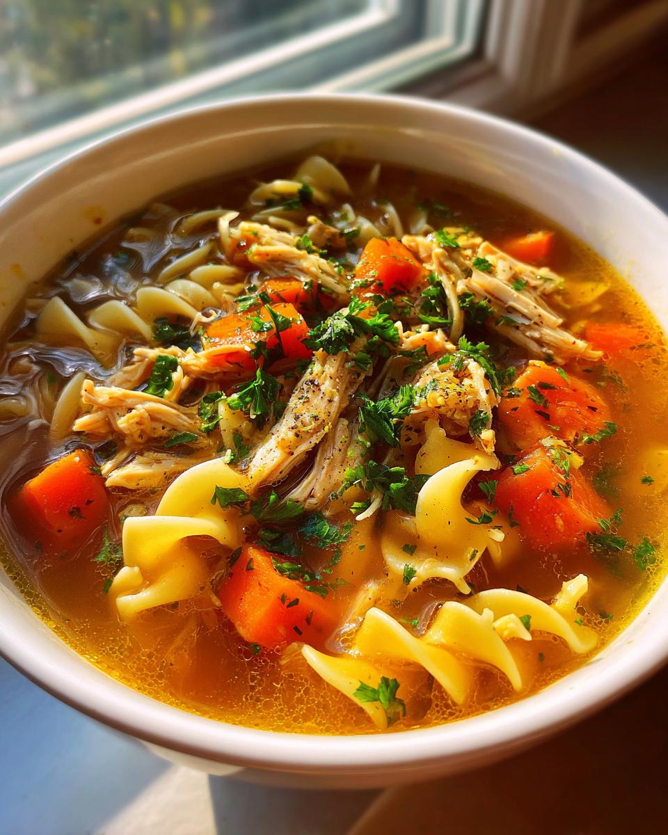 Close-up of a steaming bowl of rich Turkey Noodle Soup featuring shredded turkey, egg noodles, and diced carrots, topped with parsley.