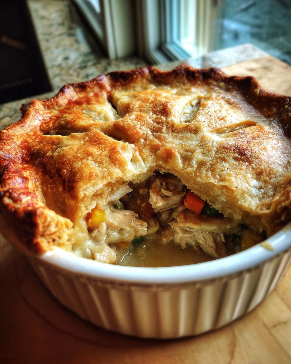 A close-up of a golden-brown Turkey Pot Pie with a flaky crust, revealing a creamy filling with turkey, corn, and carrots.