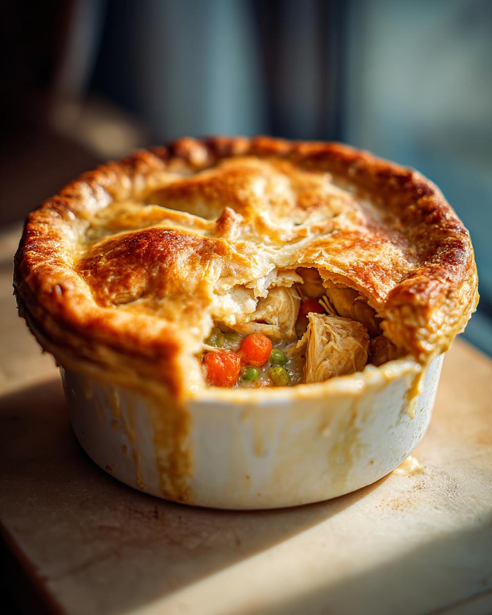Close-up of a golden-brown crust of a turkey pot pie, revealing tender turkey chunks, peas, and carrots inside.