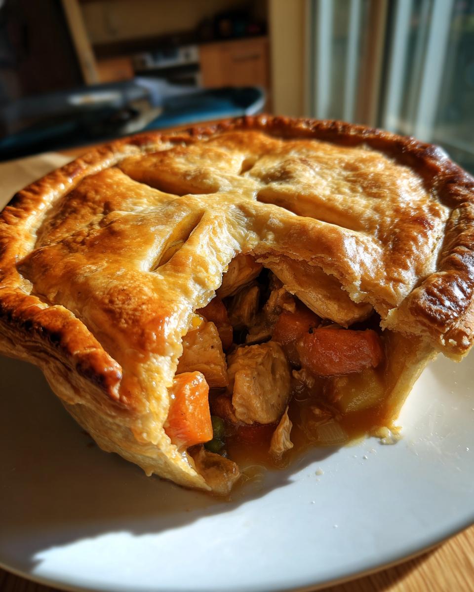 A close-up of a golden-brown turkey pot pie with a flaky crust, revealing a hearty filling of turkey and vegetables.
