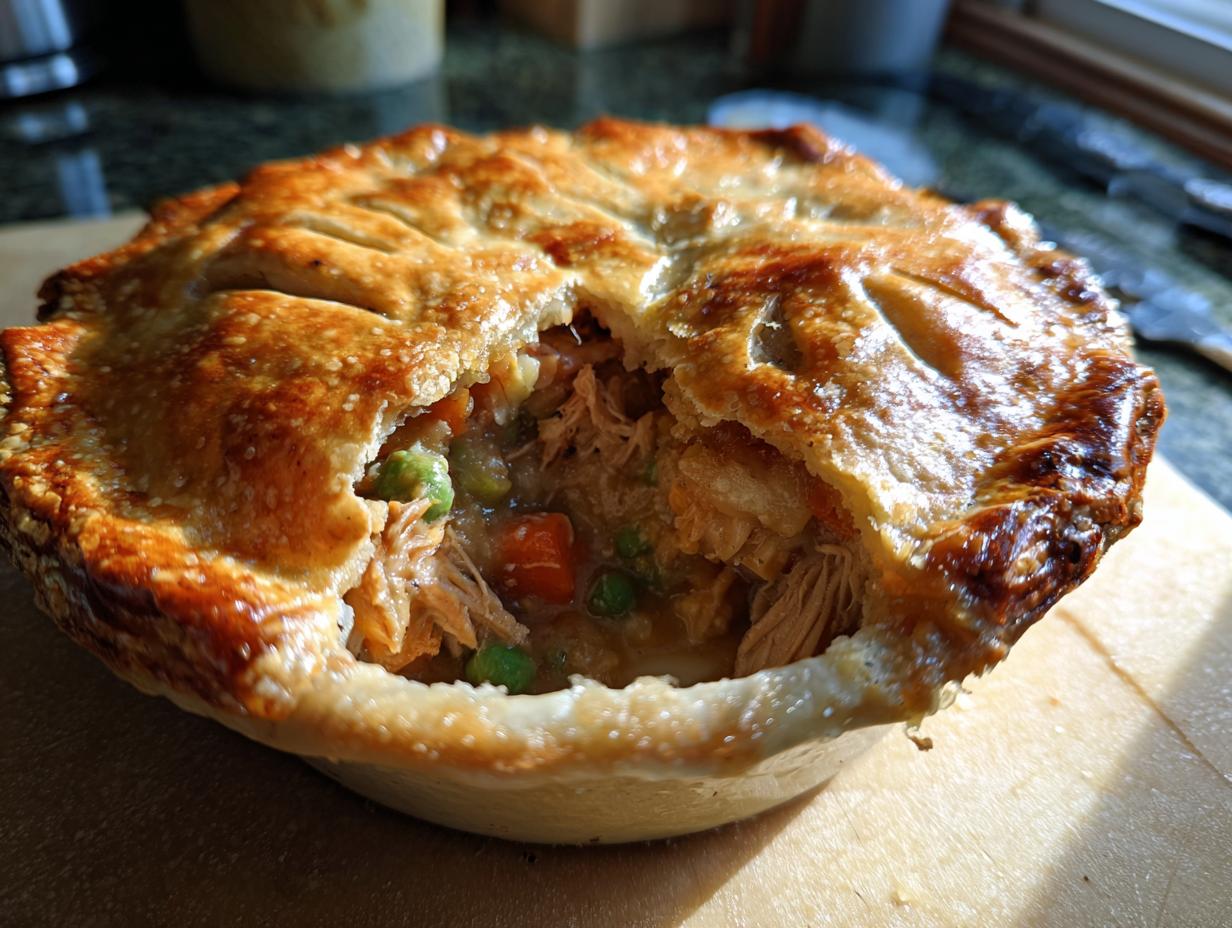 Close-up of a golden brown turkey pot pie with a flaky crust, revealing a hearty filling of shredded turkey, peas, and carrots.
