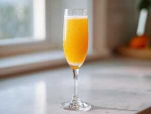 A tall, elegant flute glass filled with a bright orange Mimosa cocktail, showing visible carbonation bubbles.