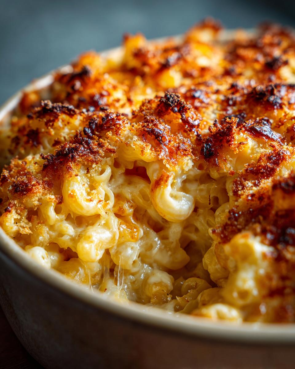 Close-up of creamy, cheesy baked mac and cheese with a golden-brown breadcrumb topping.