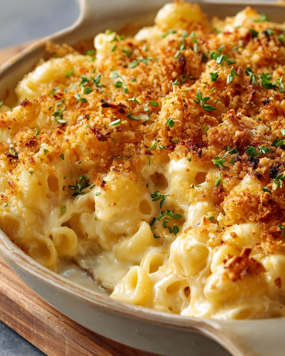 Close-up of creamy baked mac and cheese with a golden breadcrumb topping and fresh herbs.