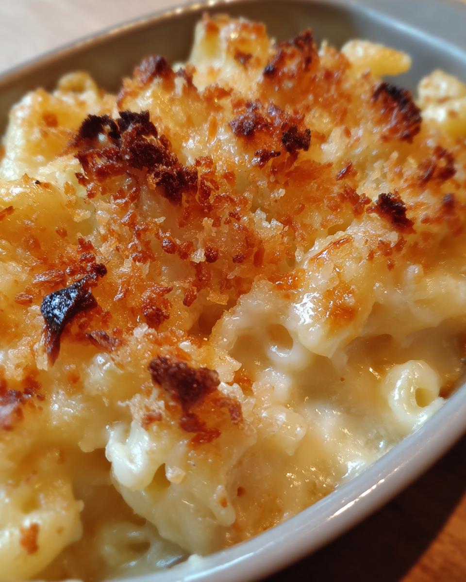 Close-up of creamy, cheesy baked mac and cheese with a golden-brown crispy topping.