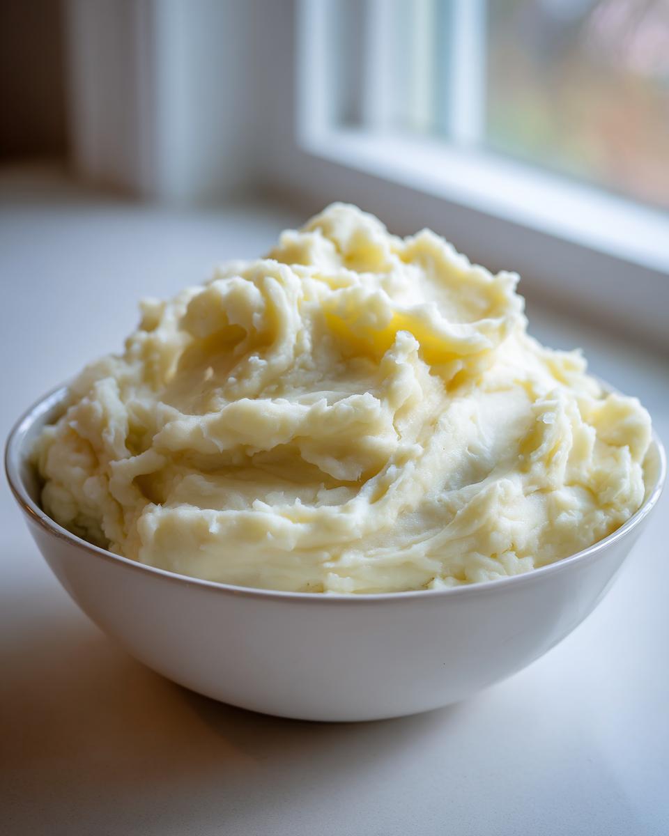 A large white bowl filled with fluffy, creamy garlic mashed potatoes, set near a bright window.