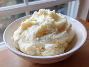 A close-up of a white bowl filled with creamy, fluffy garlic mashed potatoes, glistening with melted butter.