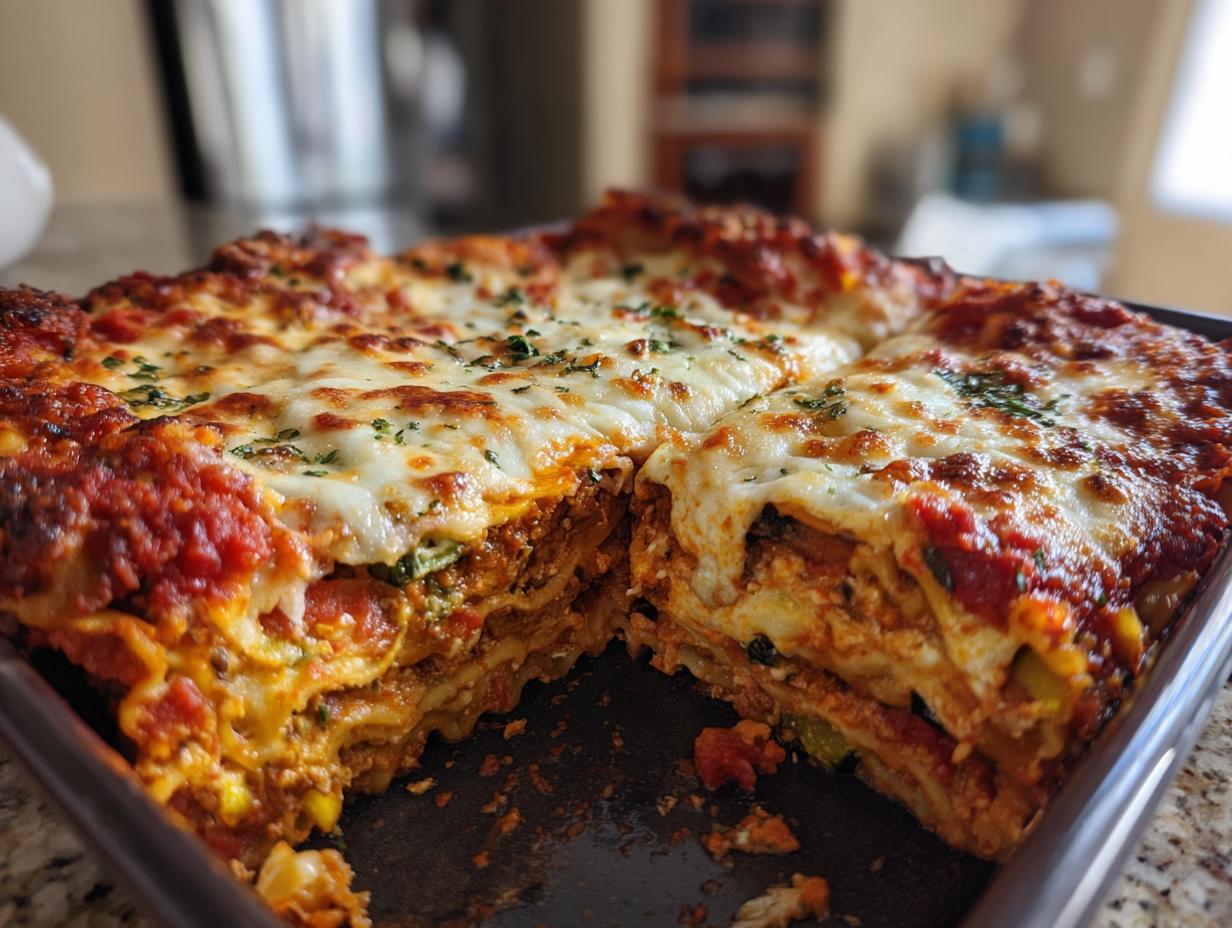 A close-up of a freshly baked vegetable lasagna, showing layers of pasta, rich tomato sauce, vegetables, and melted cheese, sprinkled with herbs.