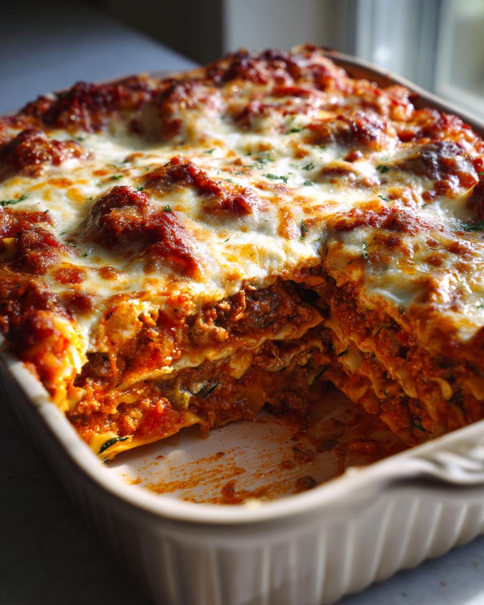 A close-up view of a freshly baked vegetable lasagna in a baking dish, with a slice removed to show the layers.