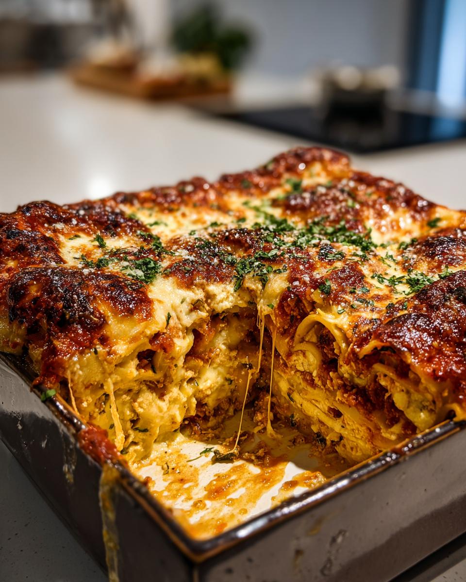 A close-up of a freshly baked vegetable lasagna with gooey melted cheese and a sprinkle of parsley.