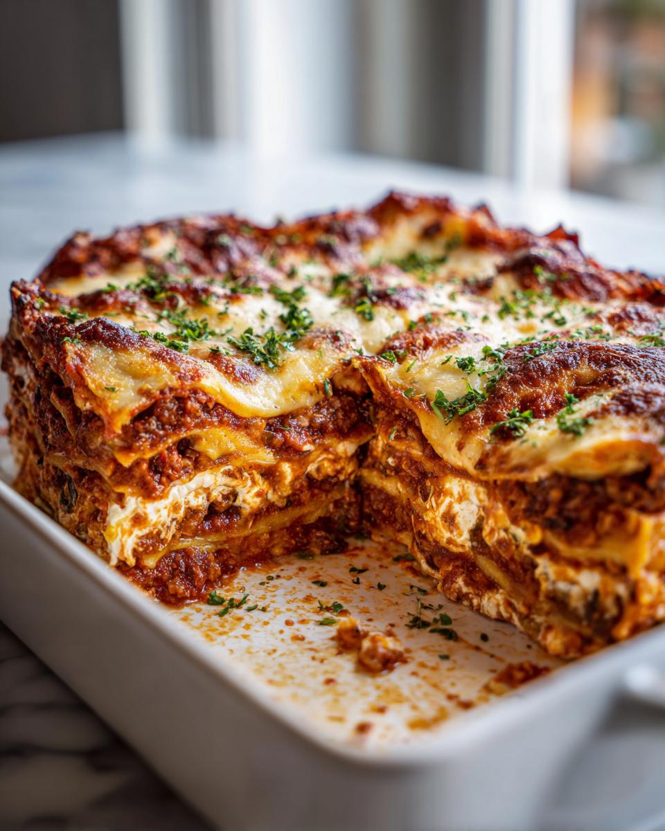 A close-up of a slice of rich and cheesy vegetable lasagna in a white baking dish, topped with fresh parsley.