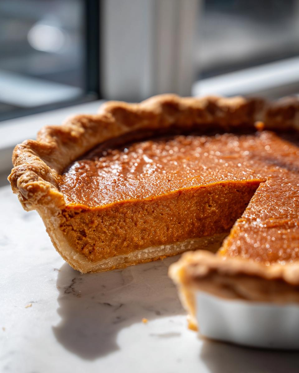 A slice of velvety sweet potato pie with a golden crust, showing the rich orange filling.