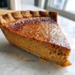 A close-up of a slice of velvety sweet potato pie with a golden-brown crust and smooth filling.