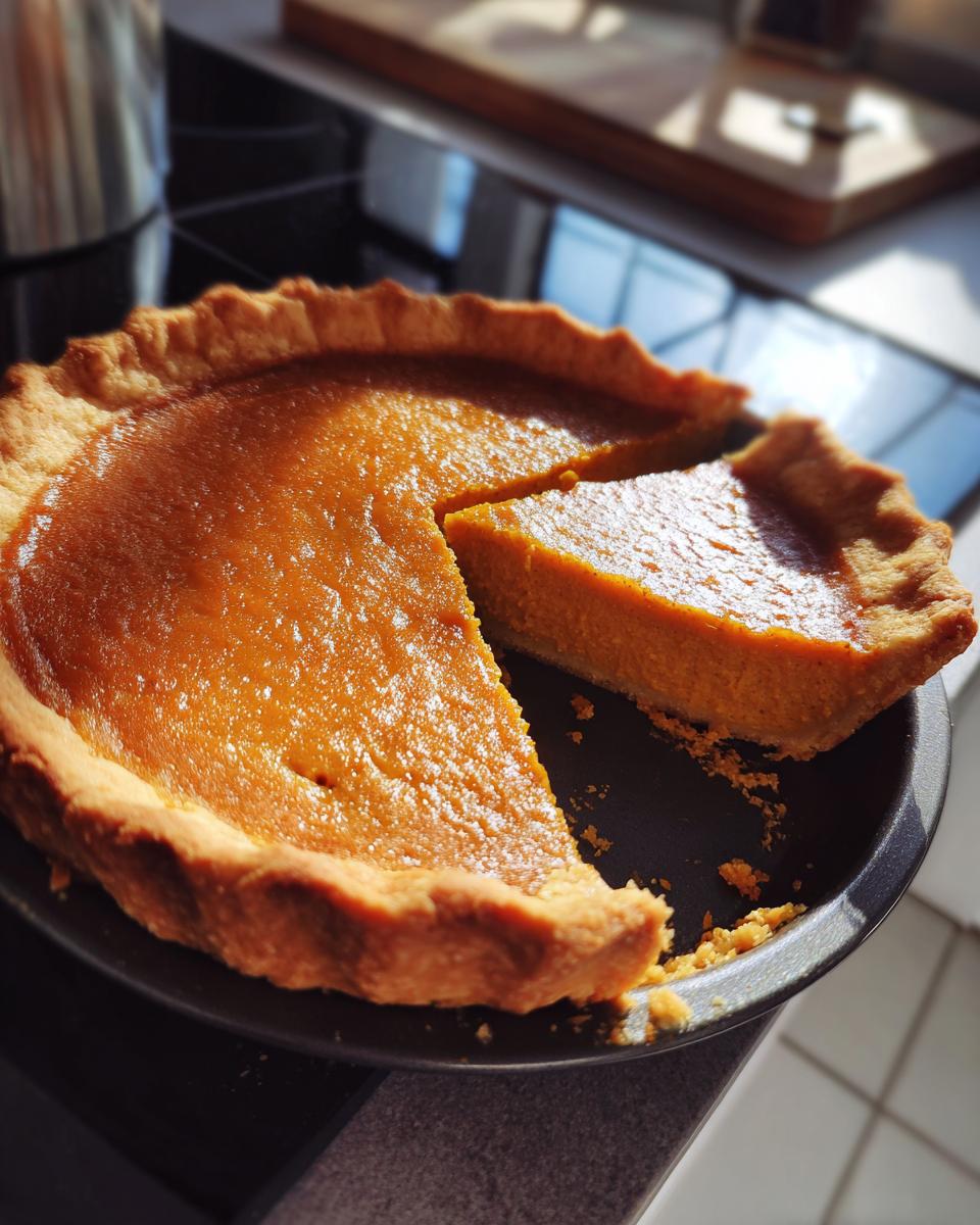 A slice of velvety sweet potato pie with a golden crust, ready to be served.