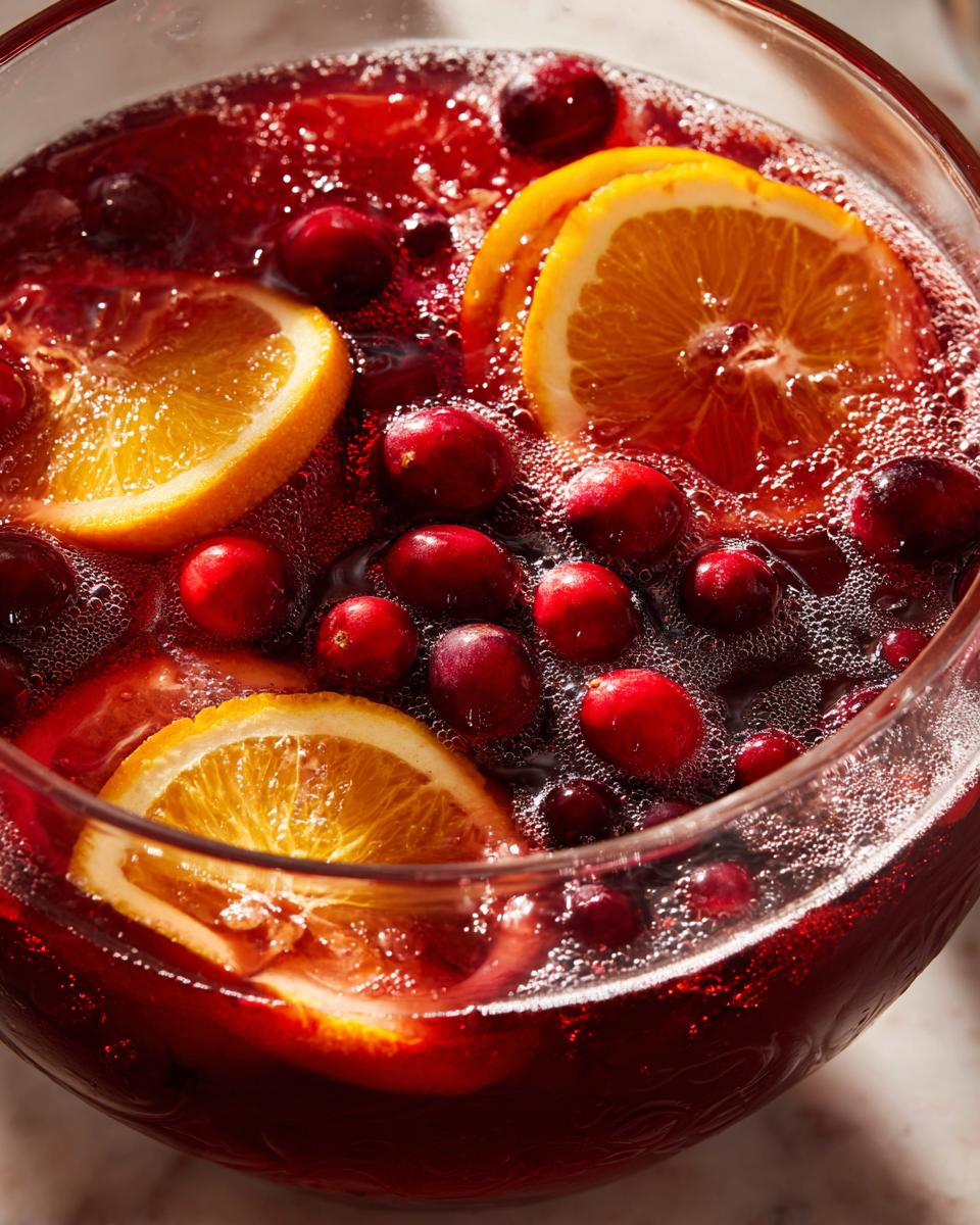 Close-up of a bubbling red Holiday punch garnished with whole cranberries and bright orange slices.