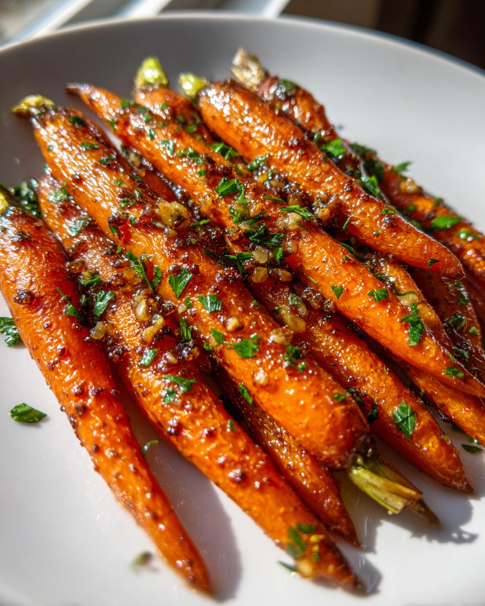 A close-up of vibrant, shiny honey glazed carrots sprinkled with fresh parsley and garlic bits.