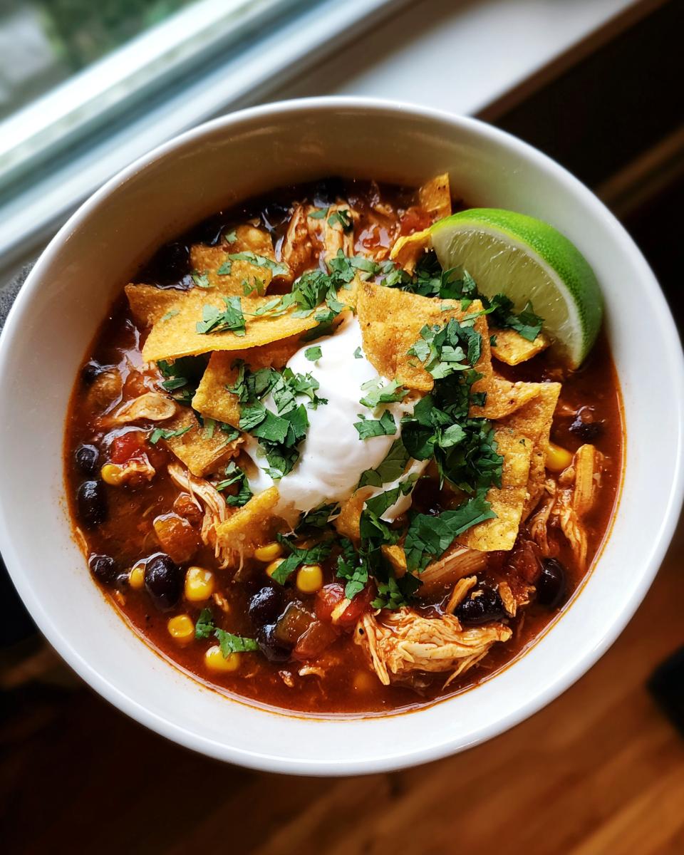 A close-up of a bowl of zesty chicken tortilla soup topped with sour cream, cilantro, tortilla chips, and a lime wedge.