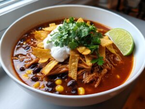 A close-up of a bowl of zesty chicken tortilla soup, topped with shredded chicken, black beans, corn, tortilla strips, sour cream, cilantro, and a lime wedge.