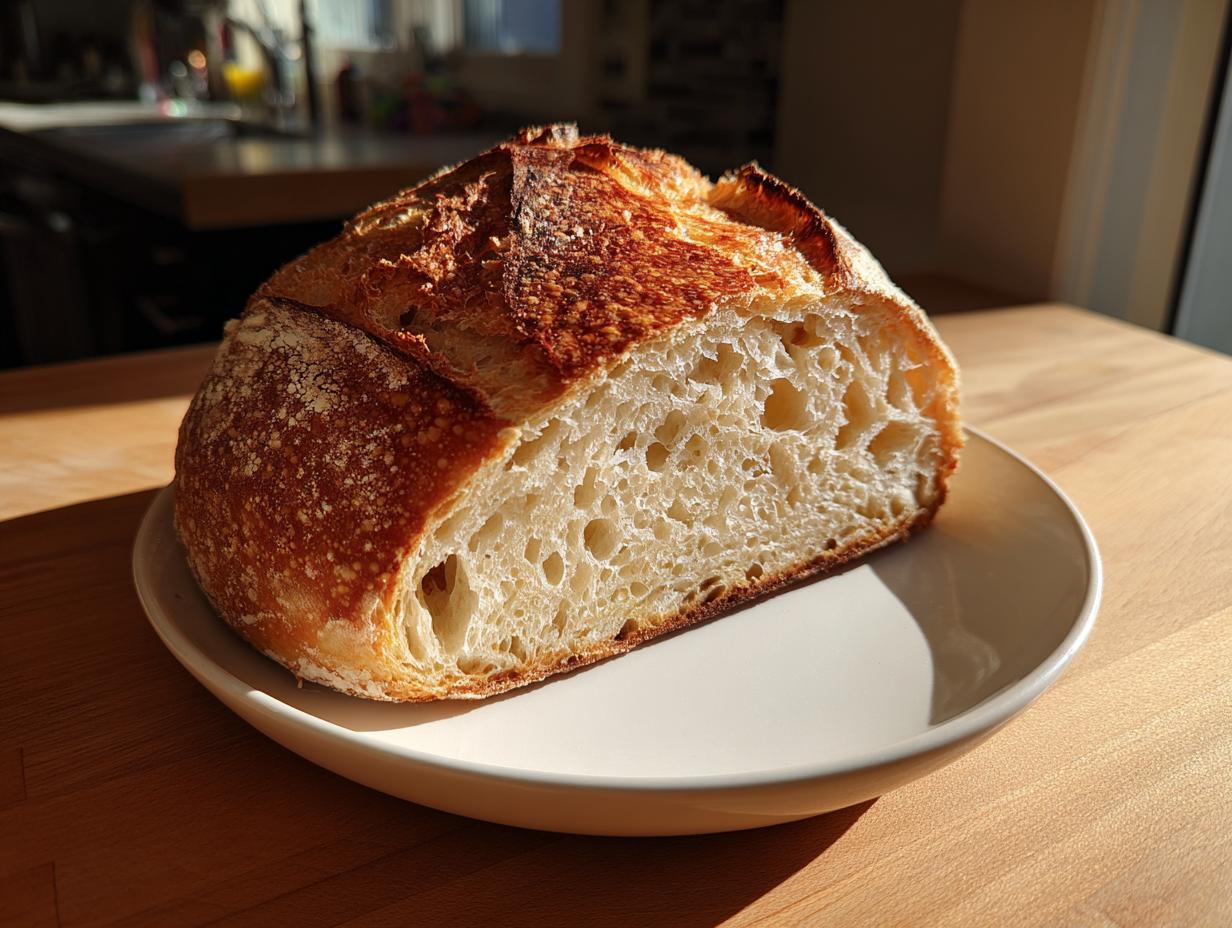 A half-loaf of crusty, golden-brown yeast bread showing an open, airy crumb structure, resting on a white plate.